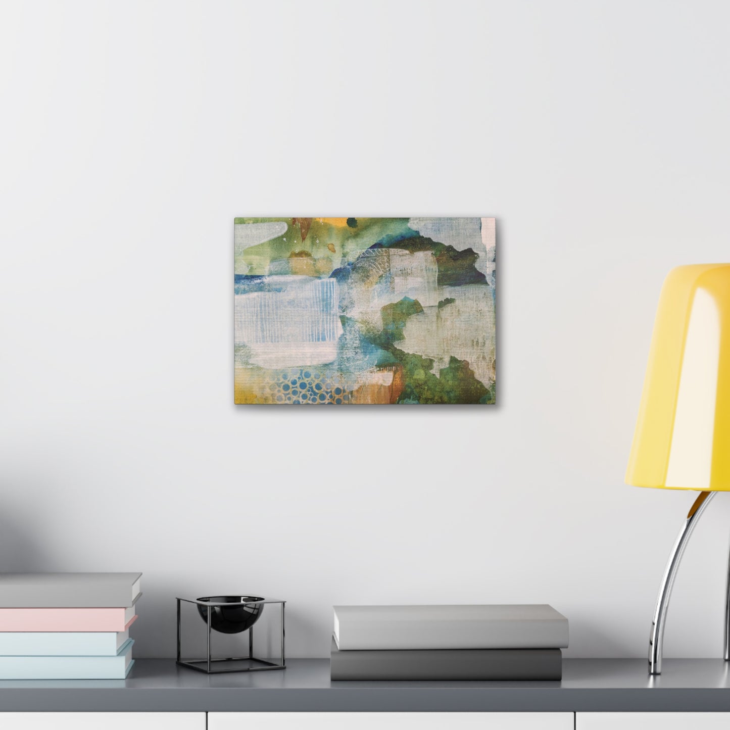 Misty Pond at Dawn, Fall Landscape Painting in Warm Gold and Soft Green | Nature-Inspired Wall Decor