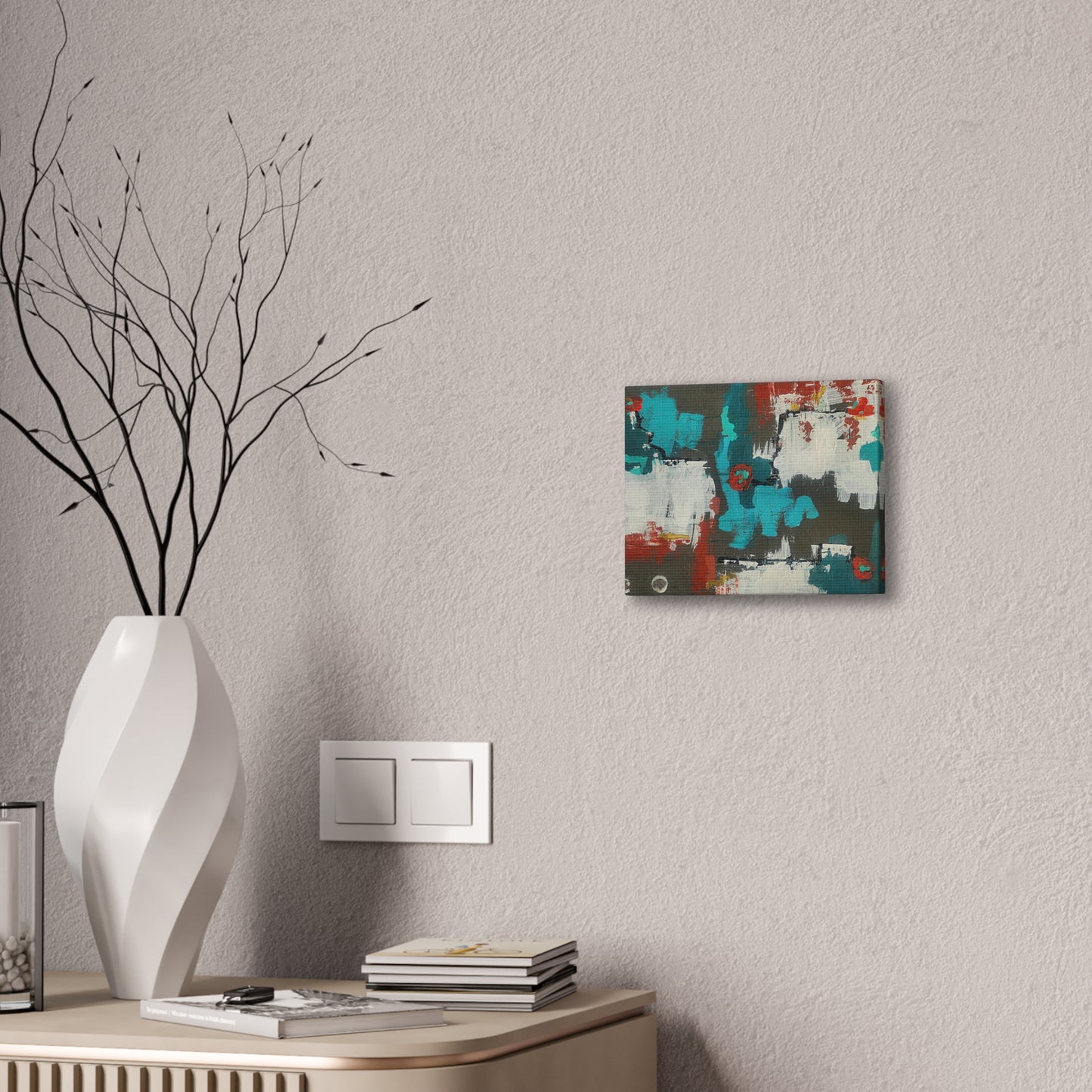 Urban Bloom, Abstract Teal, Red, and White Modern Wall Art Print on Dark Background