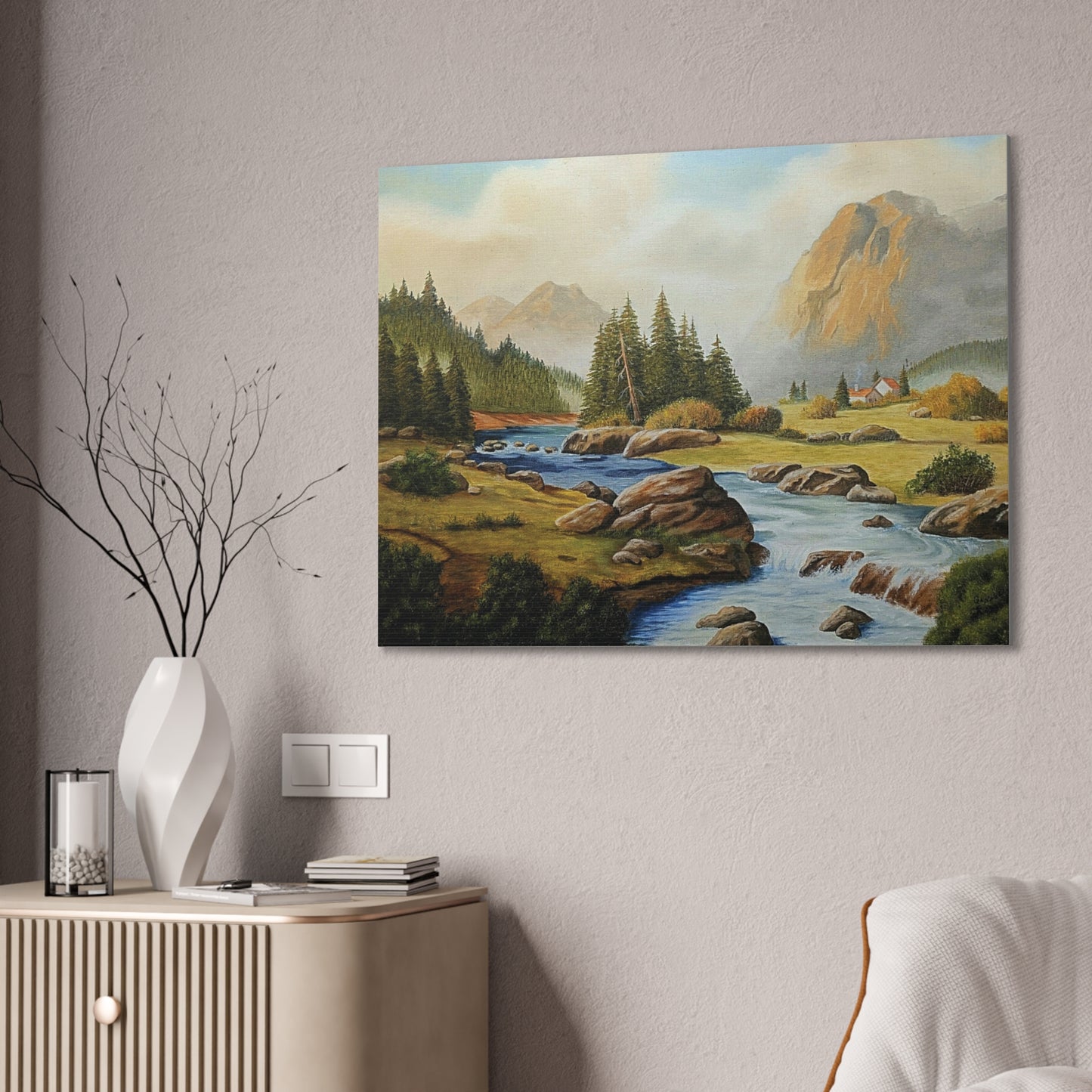 Tranquil Mountain Escape, Realistic Landscape Oil Painting | Rustic Cabin Wall Art, Nature Scene, Home Decor