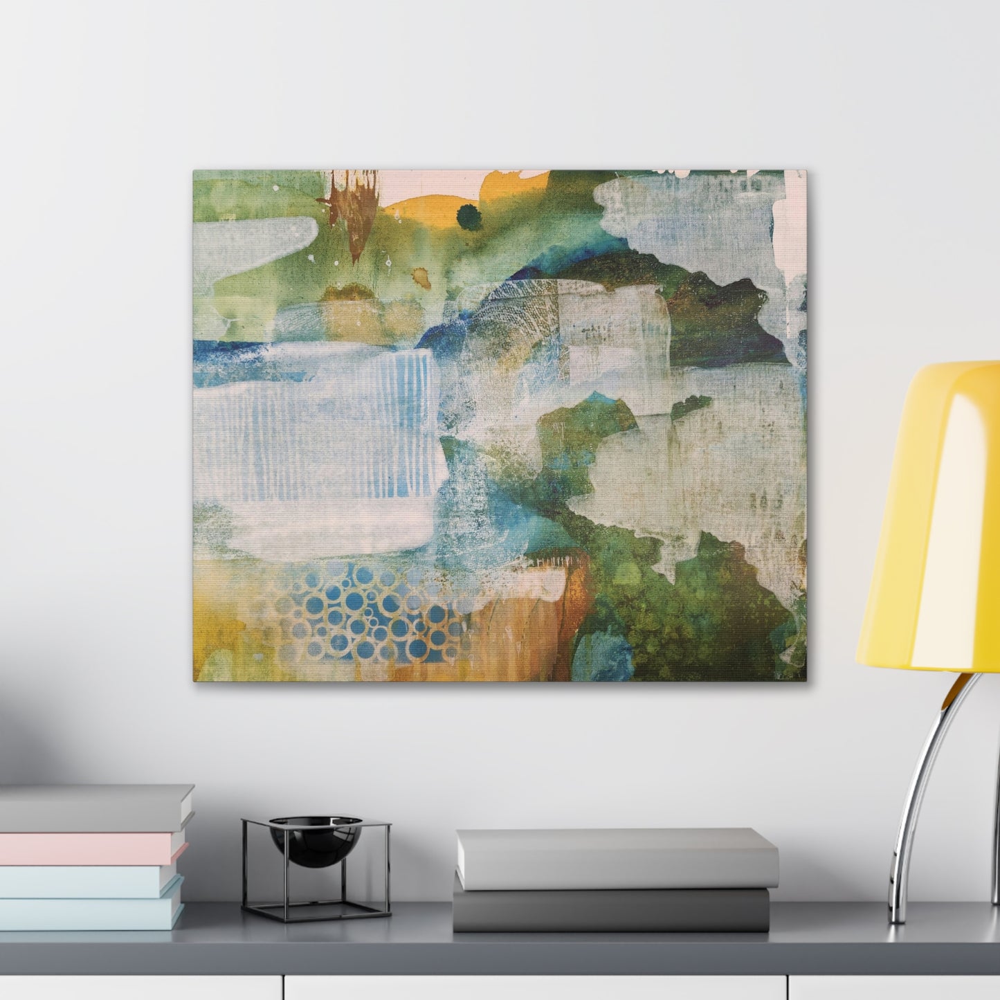 Misty Pond at Dawn, Fall Landscape Painting in Warm Gold and Soft Green | Nature-Inspired Wall Decor