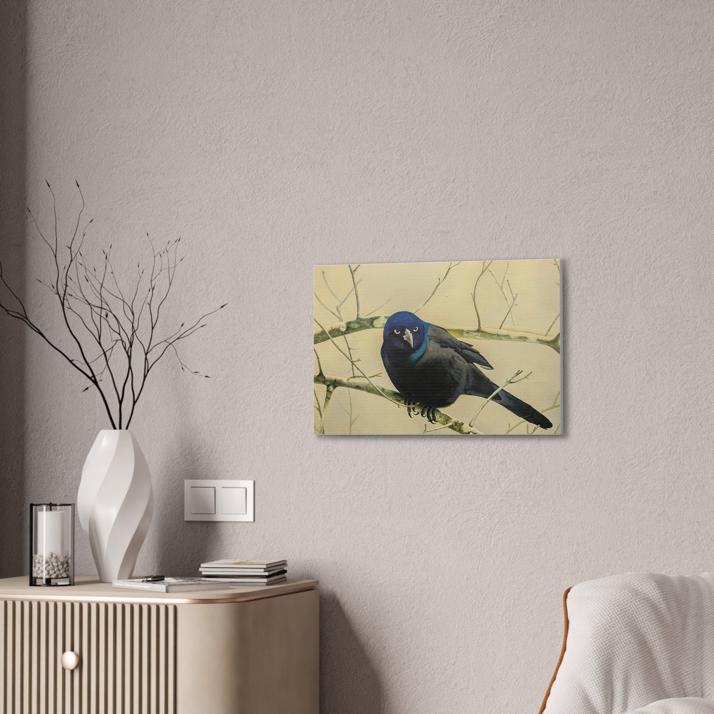 Midnight Grackle Perch – Realistic Bird Oil Painting on Canvas, Nature oil painting, Original oil painting