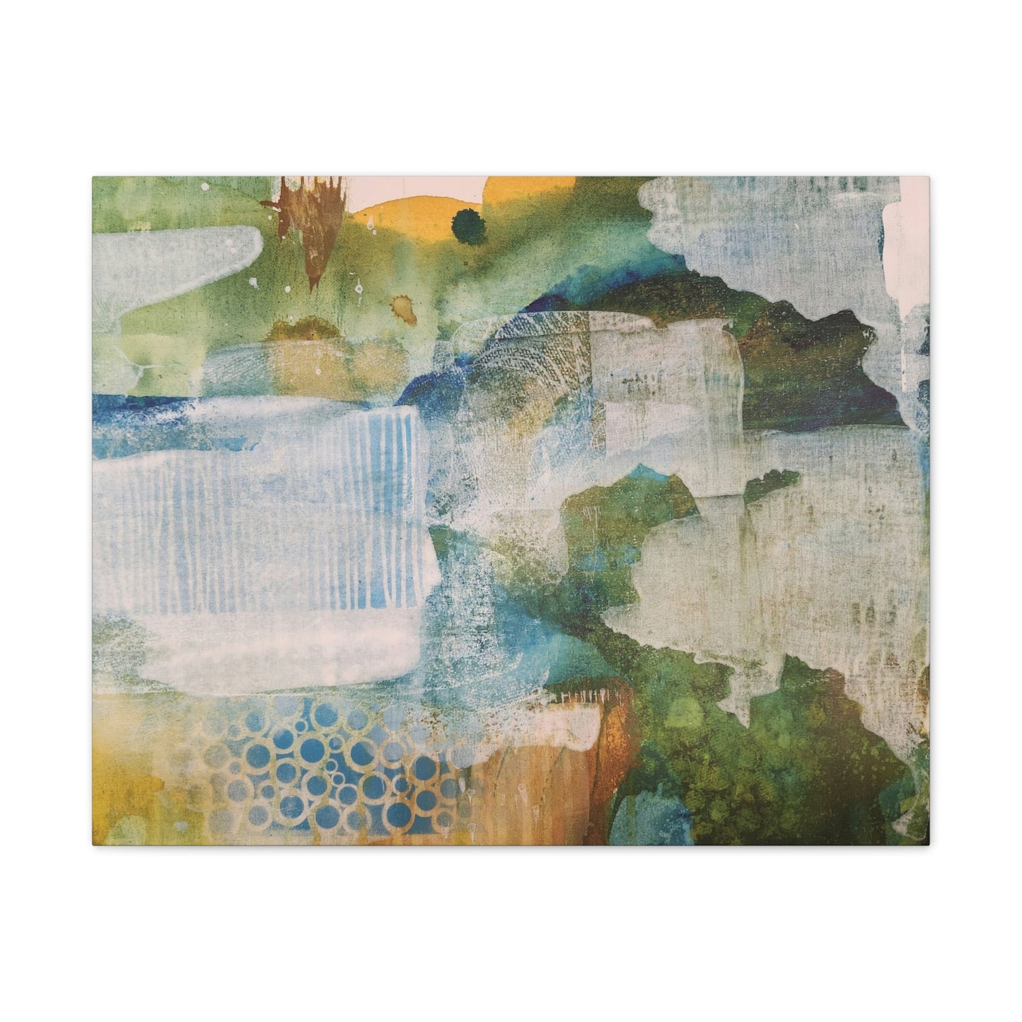 Misty Pond at Dawn, Fall Landscape Painting in Warm Gold and Soft Green | Nature-Inspired Wall Decor
