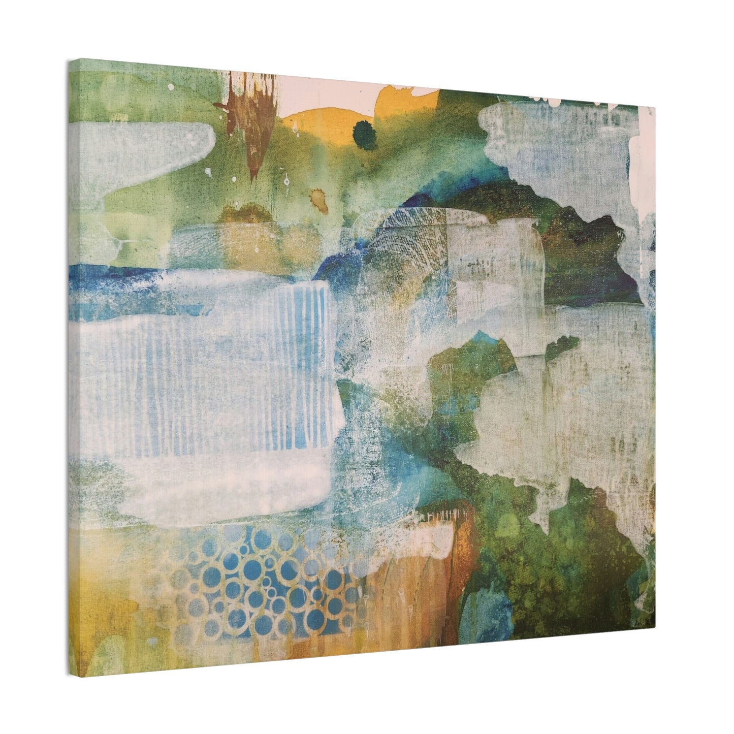 Misty Pond at Dawn, Fall Landscape Painting in Warm Gold and Soft Green | Nature-Inspired Wall Decor
