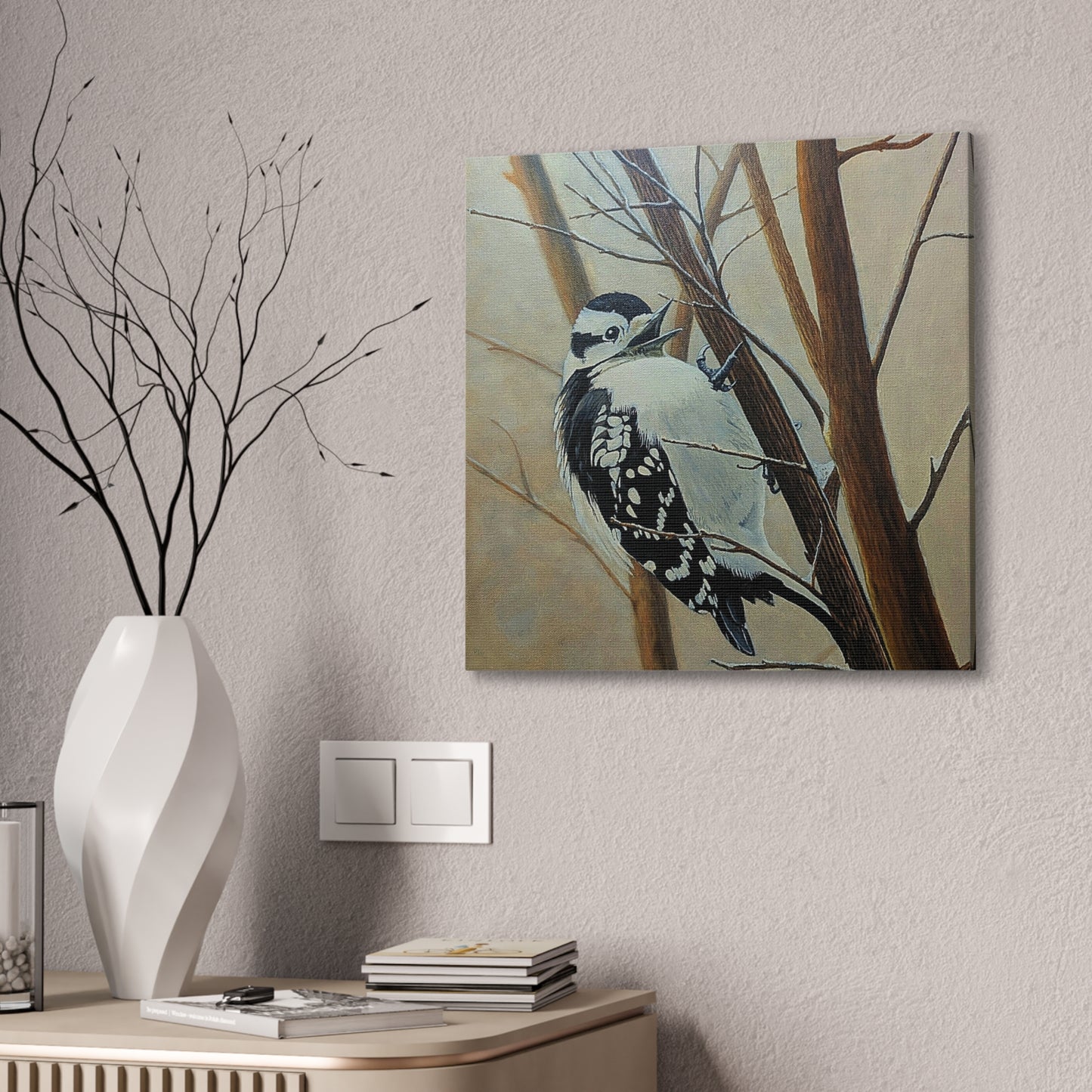 Woodpecker in Winter Forest – Realistic Bird Oil Painting on Canvas | Wildlife Art, Nature Wall Decor, original oil painting