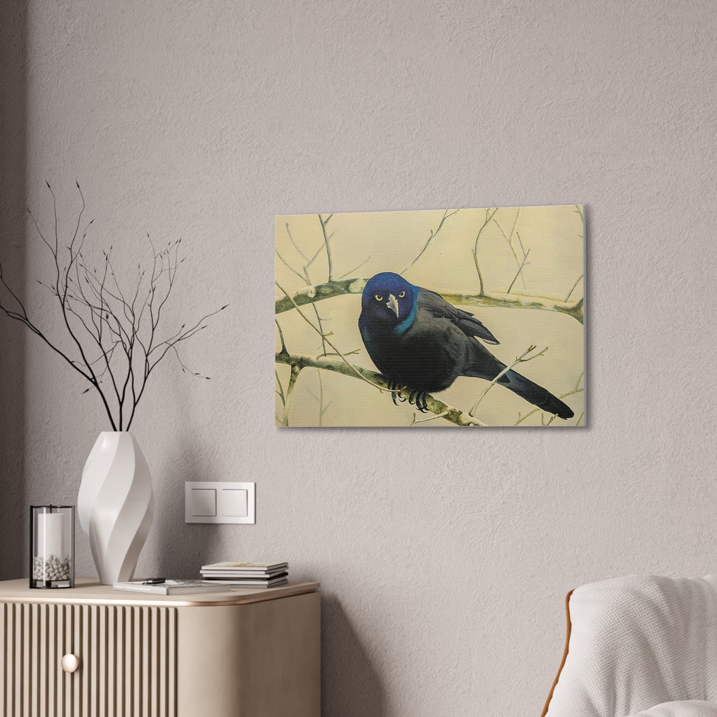 Midnight Grackle Perch – Realistic Bird Oil Painting on Canvas, Nature oil painting, Original oil painting