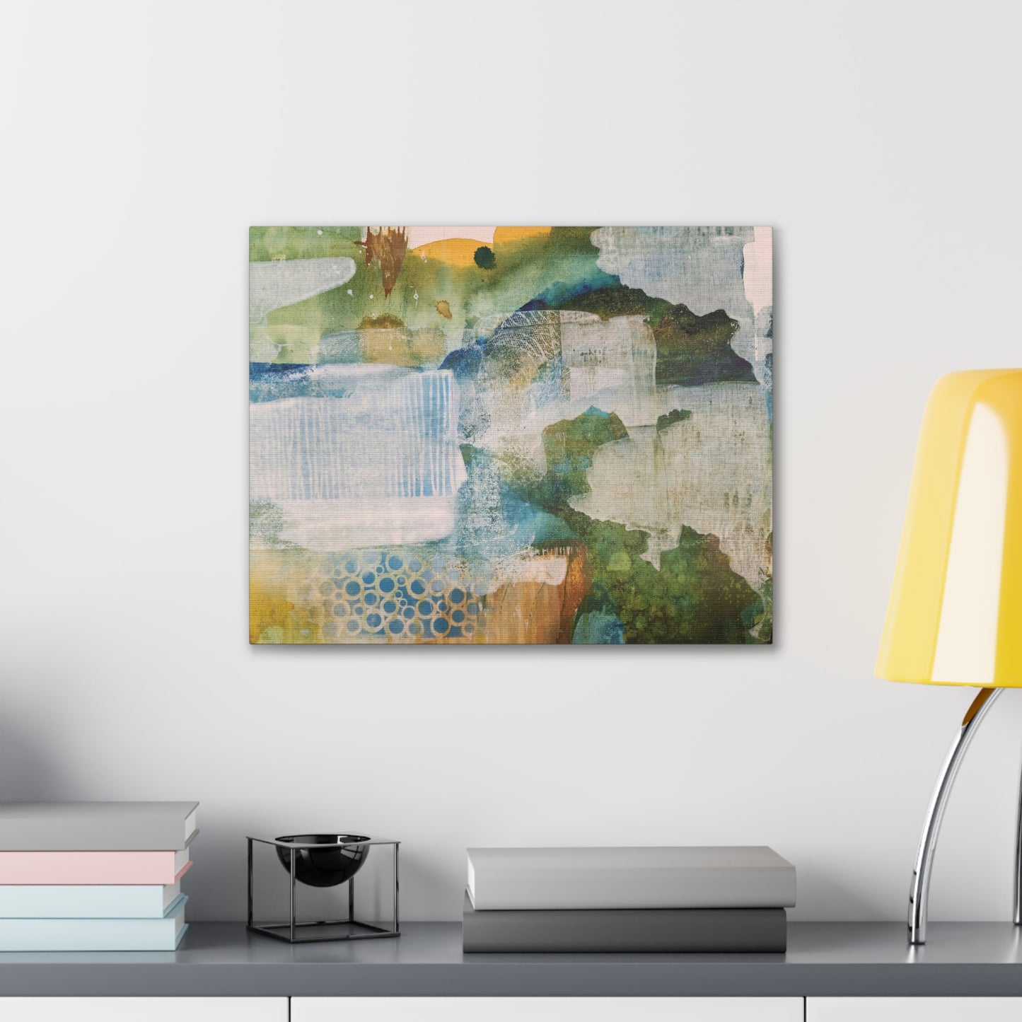 Misty Pond at Dawn, Fall Landscape Painting in Warm Gold and Soft Green | Nature-Inspired Wall Decor