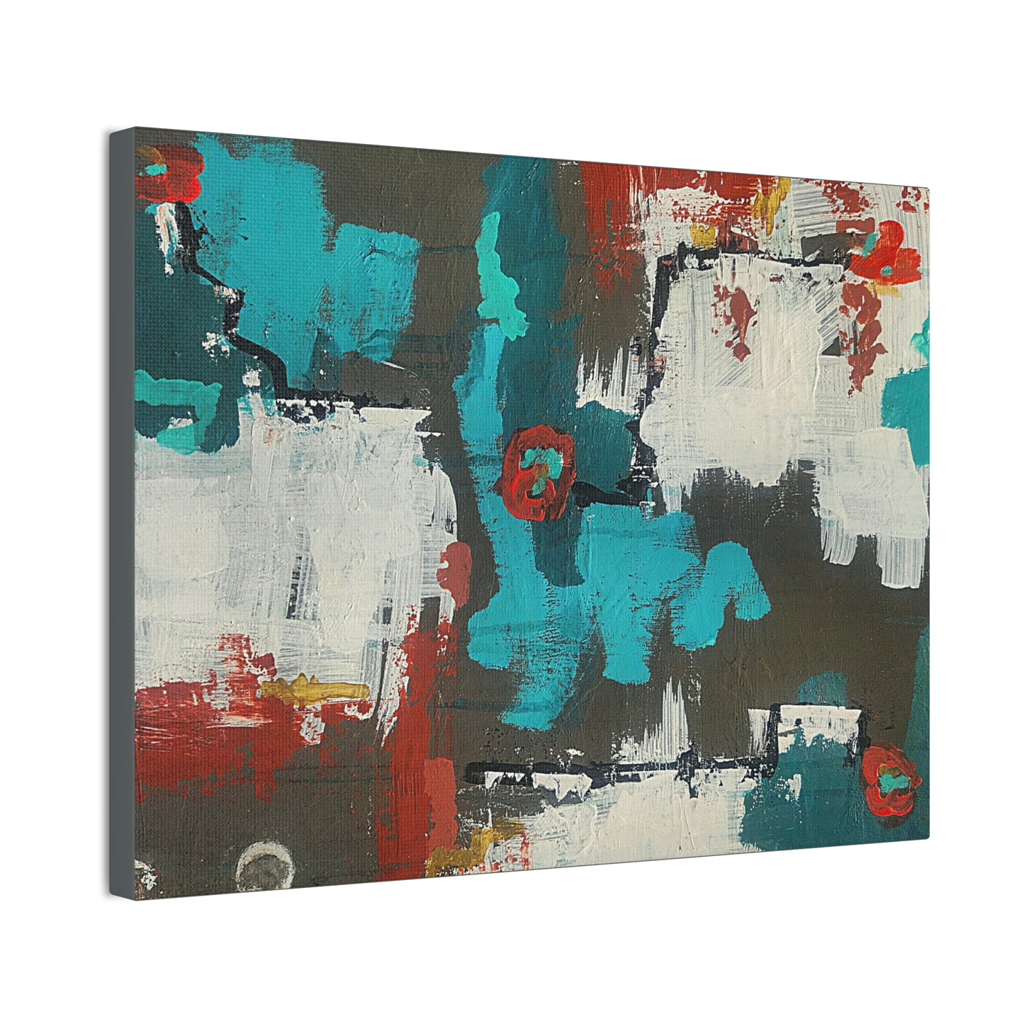 Urban Bloom (Horizontal)Abstract Teal, Red, and White Modern Wall Art Print on Dark Background