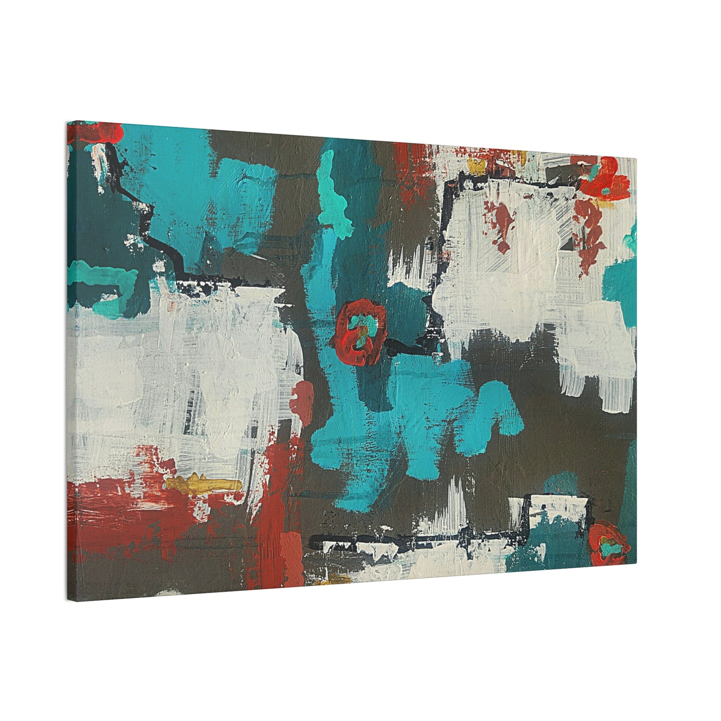 Urban Bloom, Abstract Teal, Red, and White Modern Wall Art Print on Dark Background