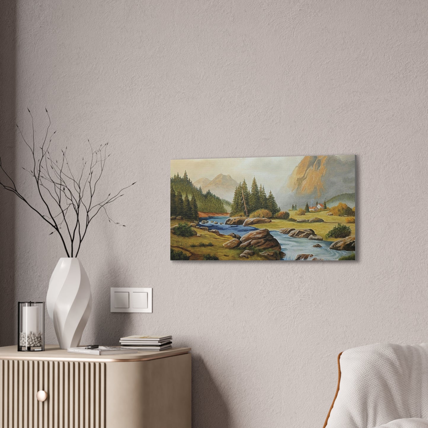 Tranquil Mountain Escape, Realistic Landscape Oil Painting | Rustic Cabin Wall Art, Nature Scene, Home Decor