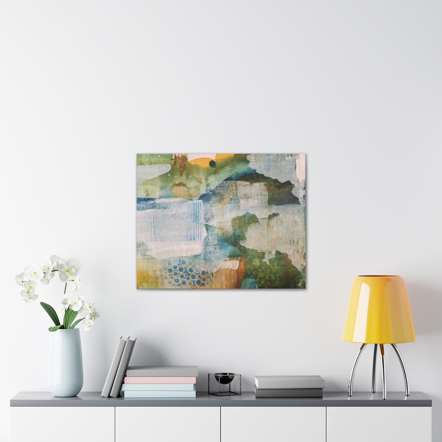 Misty Pond at Dawn, Fall Landscape Painting in Warm Gold and Soft Green | Nature-Inspired Wall Decor