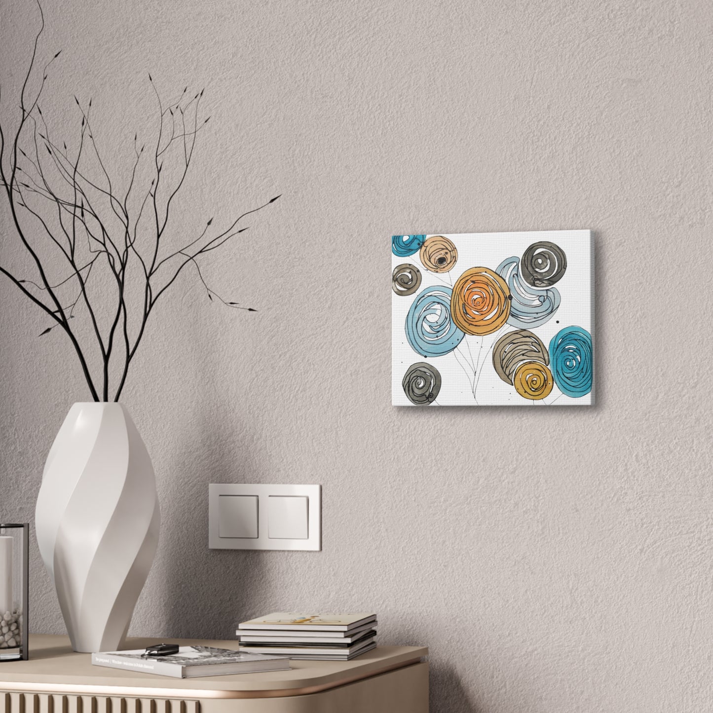 Spirals in Bloom II, Modern Abstract Floral Wall Art – Spiral Blossoms in Teal, Yellow & Charcoal