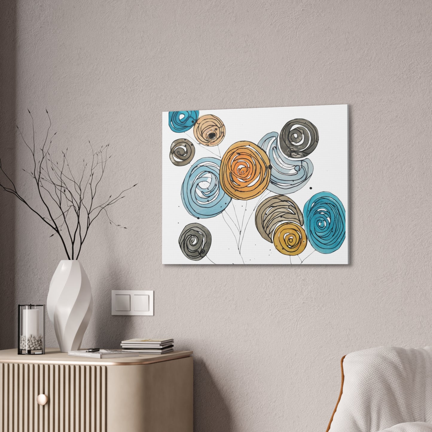 Spirals in Bloom II, Modern Abstract Floral Wall Art – Spiral Blossoms in Teal, Yellow & Charcoal