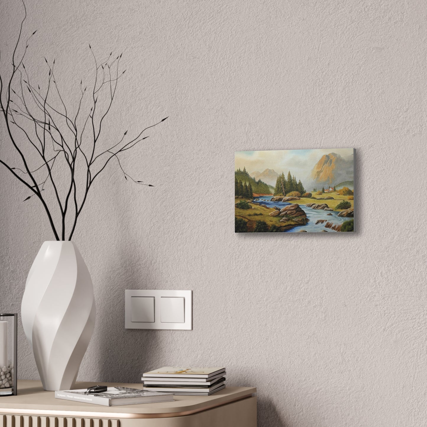 Tranquil Mountain Escape, Realistic Landscape Oil Painting | Rustic Cabin Wall Art, Nature Scene, Home Decor
