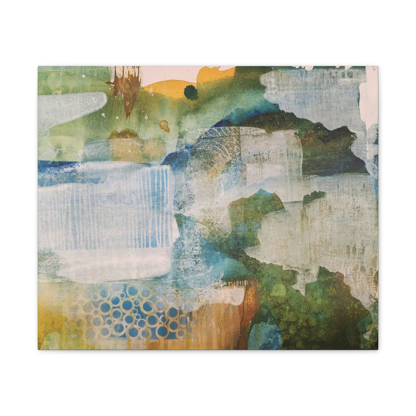 Misty Pond at Dawn, Fall Landscape Painting in Warm Gold and Soft Green | Nature-Inspired Wall Decor