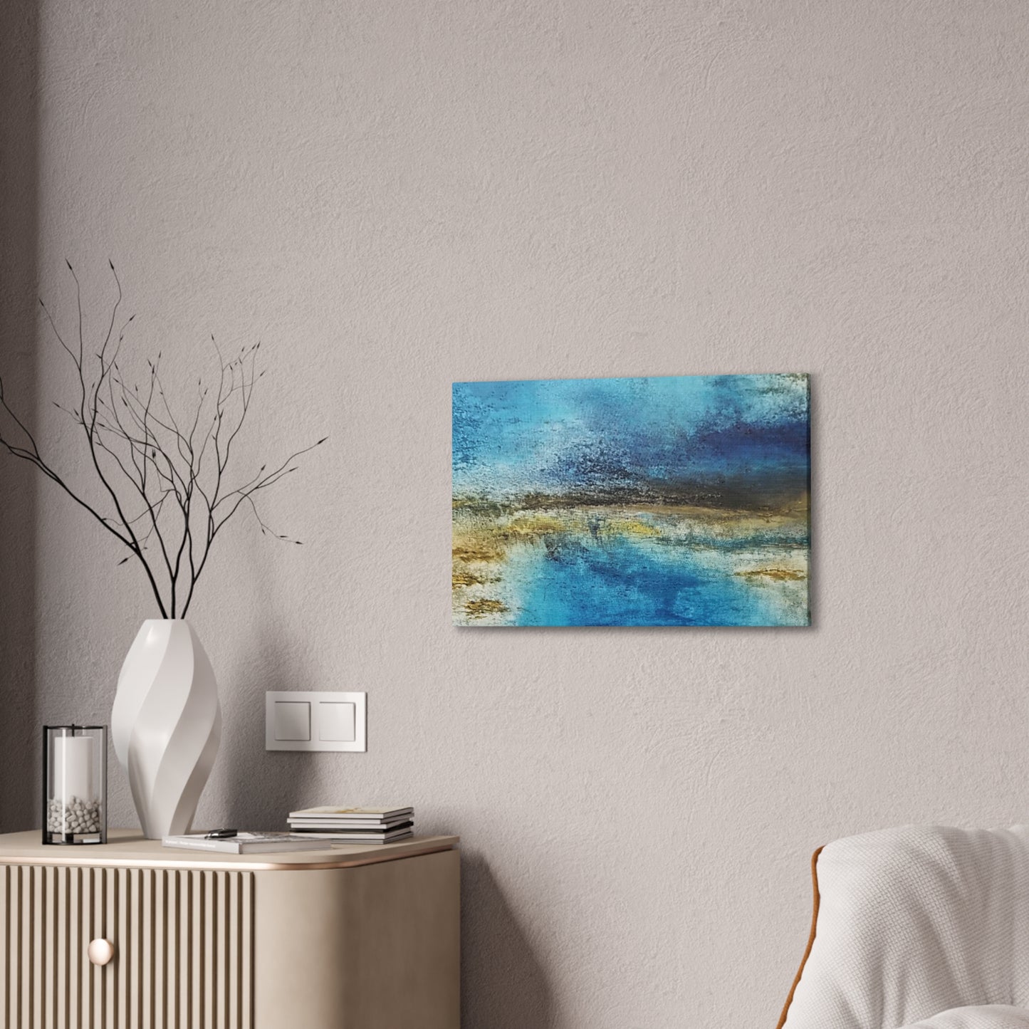 Golden Drift (Horizontal) Abstract Blue and Gold Wall Art Print, Textured Modern Landscape