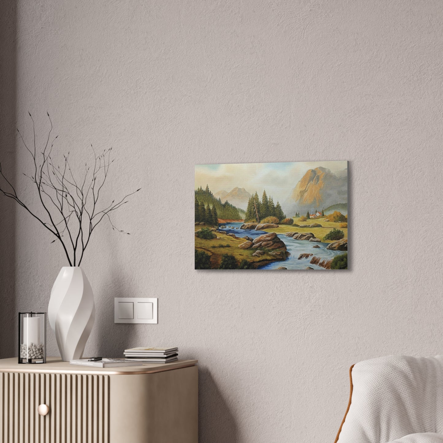 Tranquil Mountain Escape, Realistic Landscape Oil Painting | Rustic Cabin Wall Art, Nature Scene, Home Decor