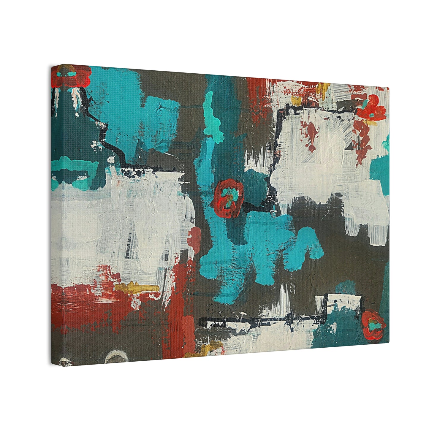 Urban Bloom, Abstract Teal, Red, and White Modern Wall Art Print on Dark Background