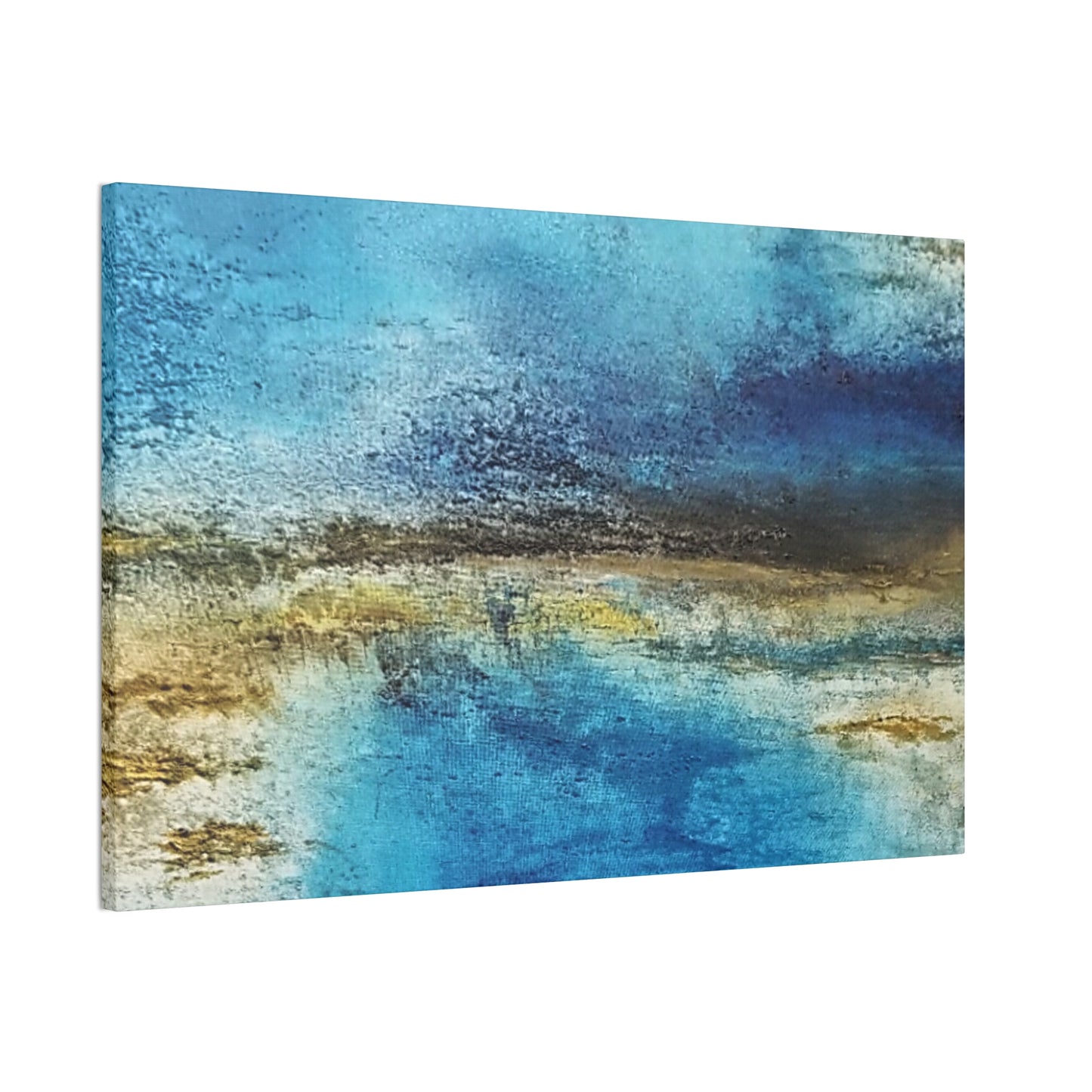 Golden Drift (Horizontal) Abstract Blue and Gold Wall Art Print, Textured Modern Landscape