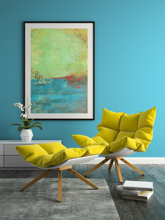 Whispers of Horizon, Abstract Acrylic Painting in Teal, Gold & Crimson